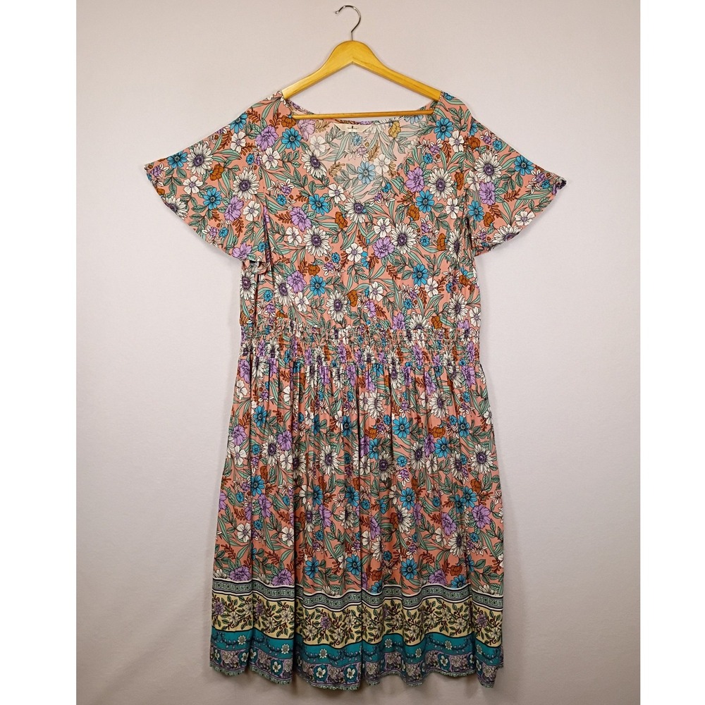 Boho Floral Agnes Orinda Women 1X Pink Multi Smocked Flutter Sleeve Midi Dress